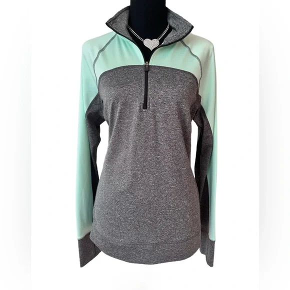 TEK GEAR ~ Heather Gray and Mint Colored Athletic Top w/Thumb Slots size L - Picture 5 of 7